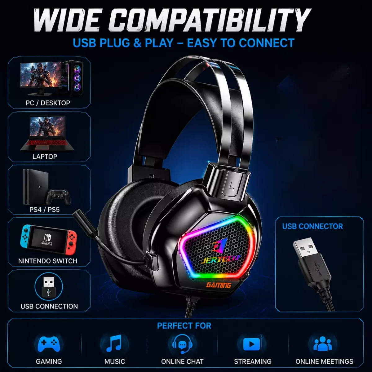سماعة USB RGB للألعاب JERTECH HG02