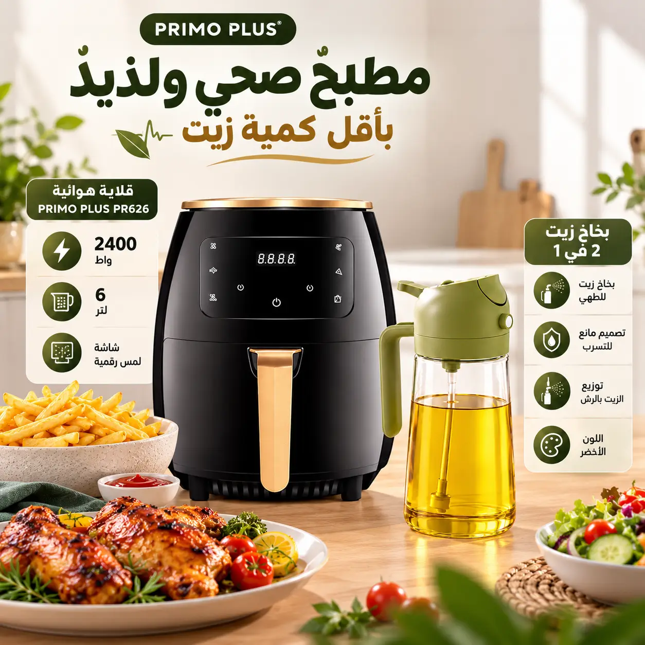 عرض مجموعة الطبخ الصحي قلاية هوائية سعة 6 لتر للقلي والشوي والخبز والتحميص مع بخاخ وموزع زيت 2 في 1 – قطعتان