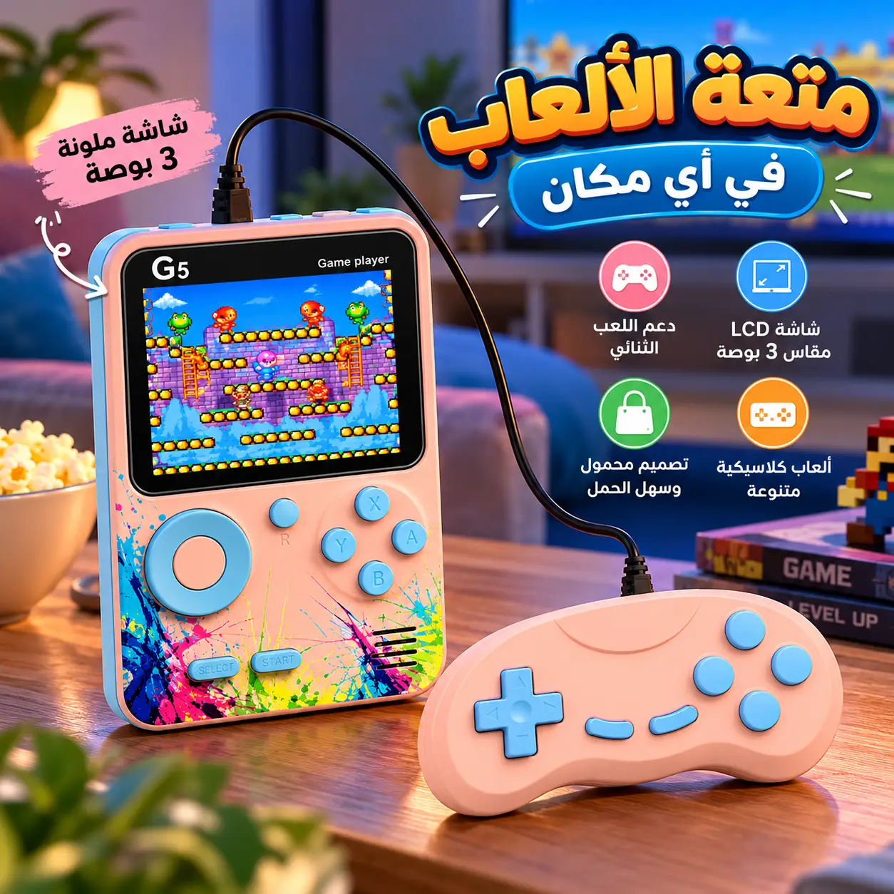 جهاز ألعاب إلكترونية محمول G5 بشاشة LCD ملونة مقاس 3 بوصات مع وحدة تحكم إضافية للعب الثنائي