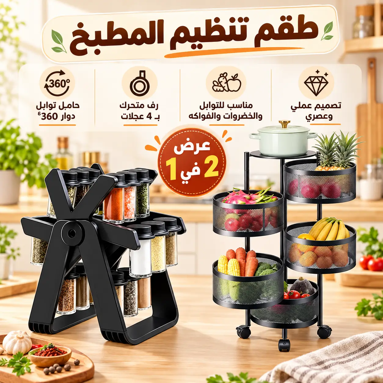 مجموعة تنظيم المطبخ – رف تخزين متحرك 5 طبقات مع حامل توابل PRIMO PLUS PR169 دوار 18 علبة