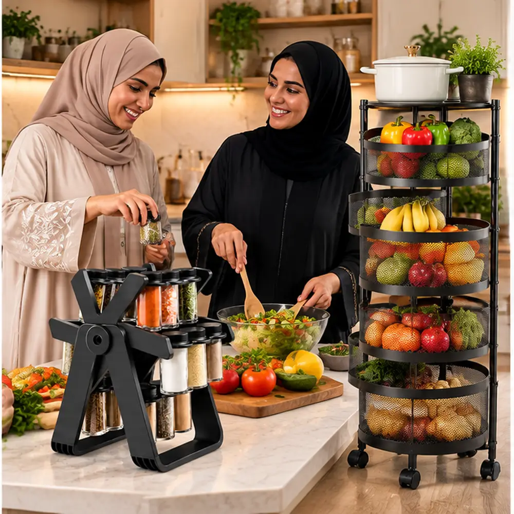 مجموعة تنظيم المطبخ – رف تخزين متحرك 5 طبقات مع حامل توابل PRIMO PLUS PR169 دوار 18 علبة