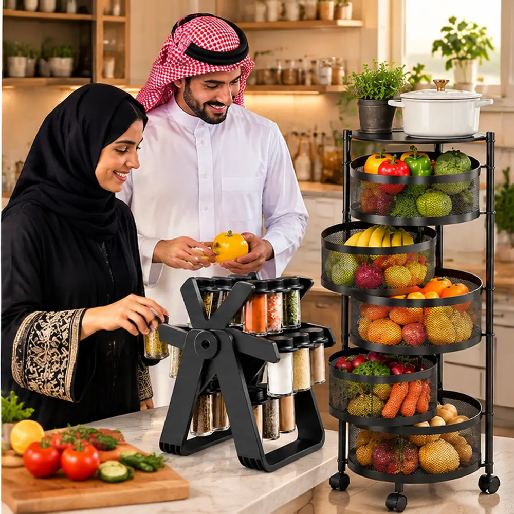 مجموعة تنظيم المطبخ – رف تخزين متحرك 5 طبقات مع حامل توابل PRIMO PLUS PR169 دوار 18 علبة