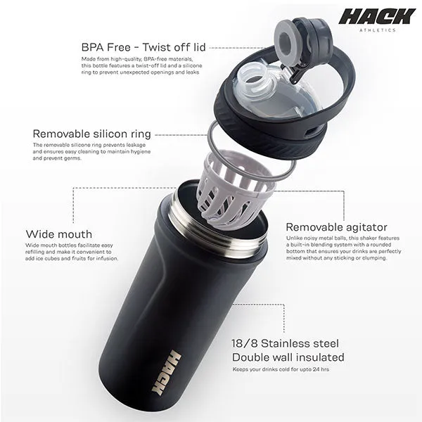 Hack Athletics Premium Stainless Steel Insulated Shaker Bottles 709ML Black