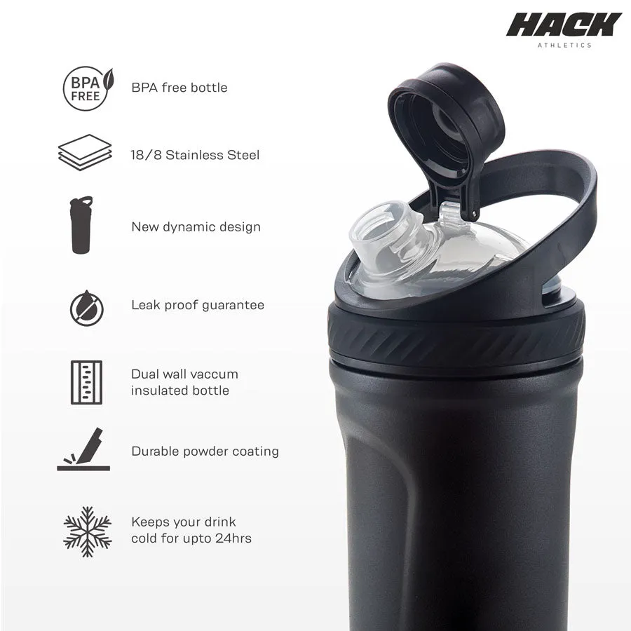 Hack Athletics Premium Stainless Steel Insulated Shaker Bottles 709ML Black