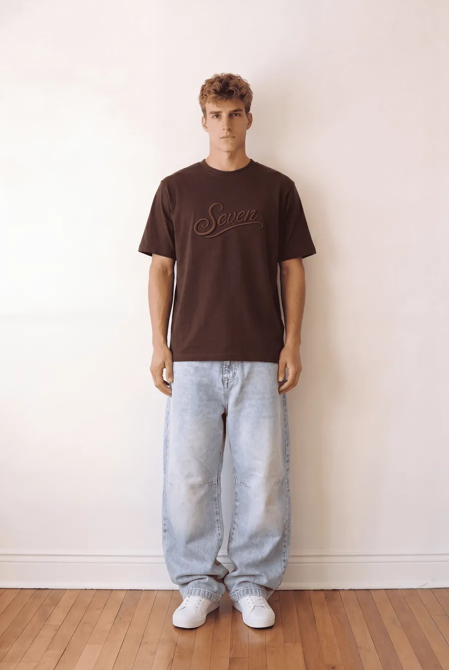 Light blue embroidered seven baggy jeans