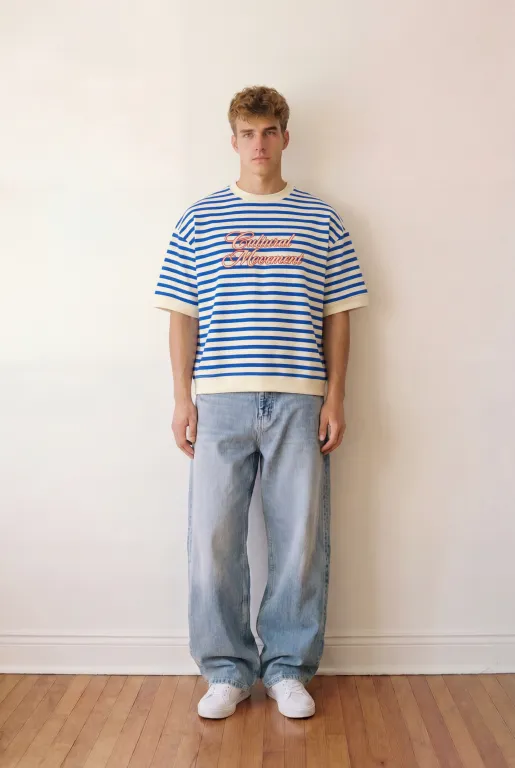 whitexblue stripped embroidered tshirt