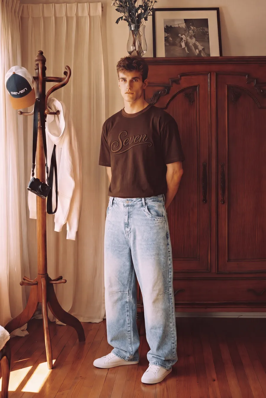 Light blue embroidered seven baggy jeans
