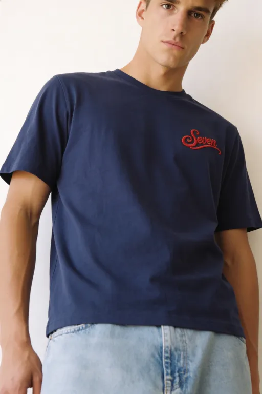 Dark blue embroidered seven Tshirt